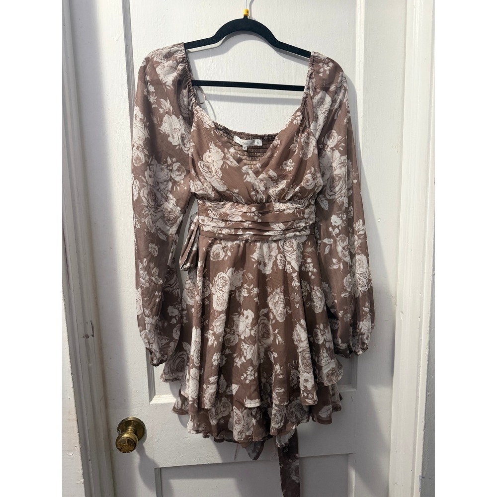 Altar'd State Brown Floral Long Sleeve Short Romper XL Surplice Ruffle Tie Waist